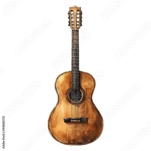 Classical Guitar With Wooden Body, watercolor vector, isolated on a white background.