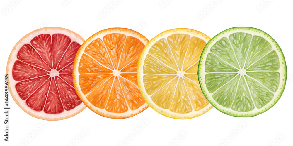 Obraz premium Four citrus fruit slices in horizontal arrangement on transparent background