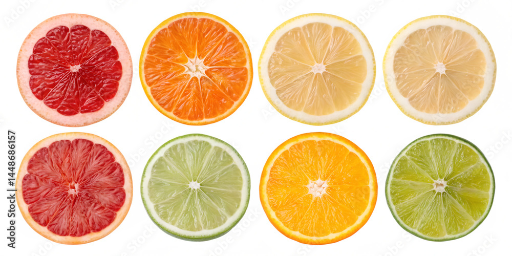 Fototapeta premium Eight citrus fruit slices arranged in two rows on transparent background