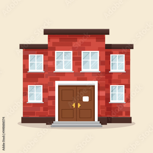 Red brick school building front view with brown doors and white window frames vector illustration 