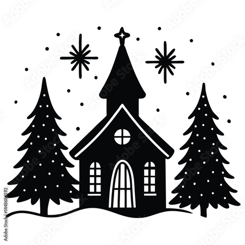 Winter Church Silhouette Christmas Eve Snowy Scene Illustration