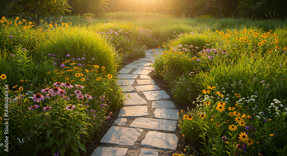 Obraz premium Pathway Through A Vibrant Meadow Landscape During Sunset With Stone Pavement