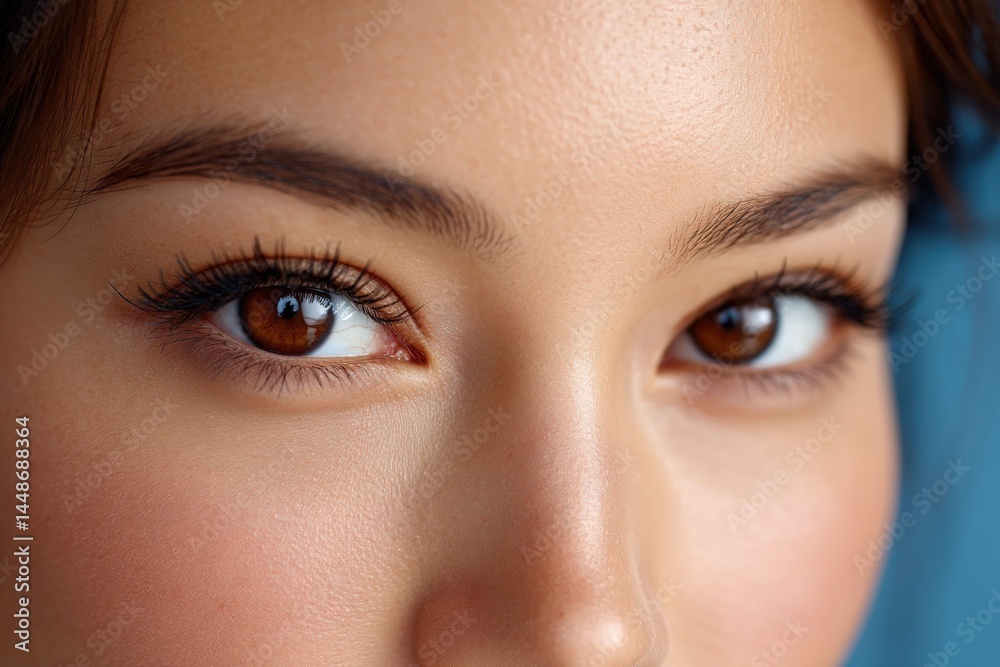 Close-up of a woman's face, with focus on her radiant brown eyes and smooth skin Close-up of a woman's face, with focus on her radiant brown eyes and smooth skin
