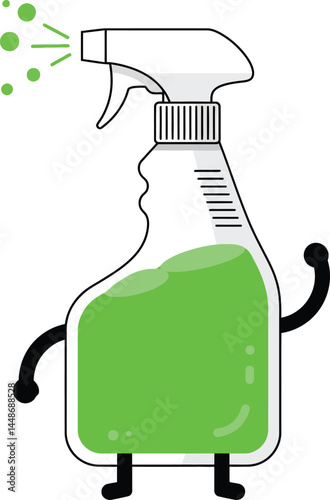 Cleaning spray bottle with green liquid and cartoon arms and legs illustration for hygiene and sanitation purposes 