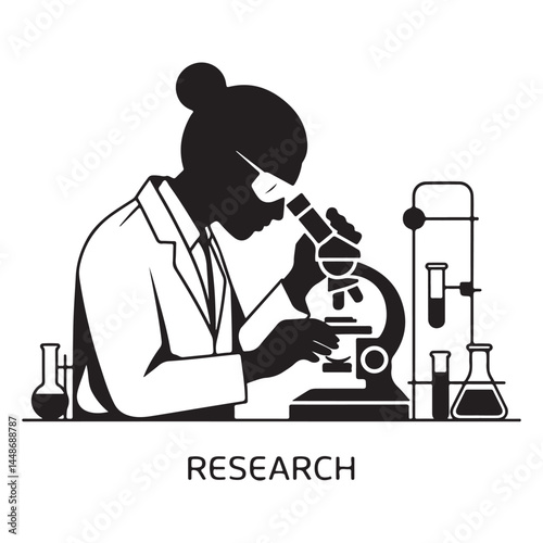 Silhouette of Lab Researcher — Scientist Experimenting, Analyzing, and Conducting Research on White Background

