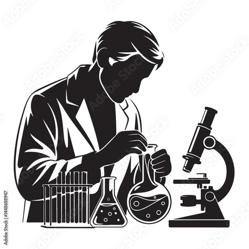 Silhouette of Lab Researcher — Scientist Experimenting, Analyzing, and Conducting Research on White Background

