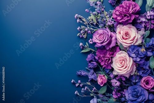 Exquisite purple and pink roses carnations and wildflowers arranged on a deep blue background Soft lighting enhances the