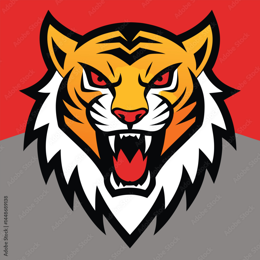 Fototapeta premium tiger face, snarling expression, red background, bold lines, geometric shapes, digital art 