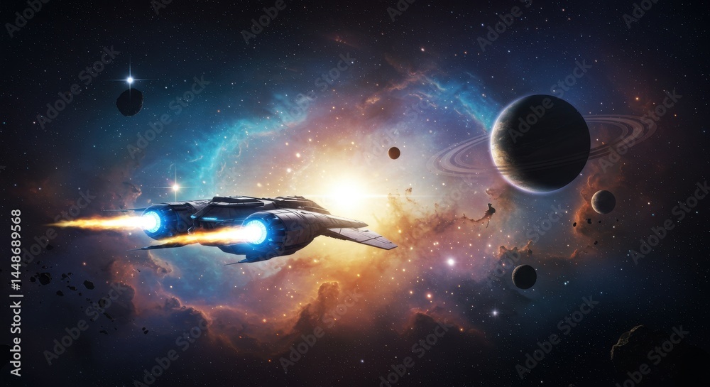 Naklejka premium A spaceship flying through a nebula with planets and stars in the background of outer space scene