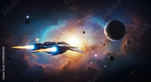A spaceship flying through a nebula with planets and stars in the background of outer space scene