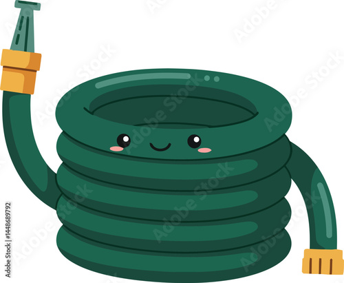 Garden hose coil with smiling face cartoon style vector illustration in green and yellow colors 