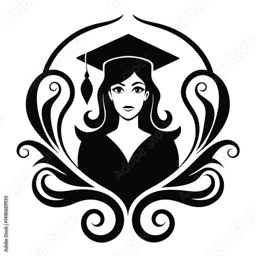 elegant detailed vector illustration of a sophisticated woman in graduation cap,intricate black and white ornamental frame,classic graduation ceremony graphic
