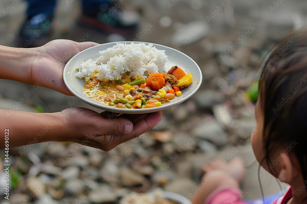 Volunteers giving the plate of food to homeless people