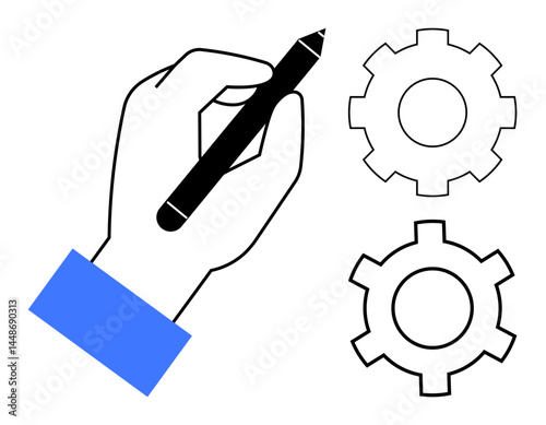 Human hand holding a pen near two gears, symbolizing planning, creativity, technical design. Ideal for innovation, problem-solving, engineering, teamwork, strategy brainstorming simple landing page