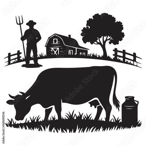 Silhouette Set of Cows and Farm Elements — Grazing, Standing, and Walking Poses on White Background


