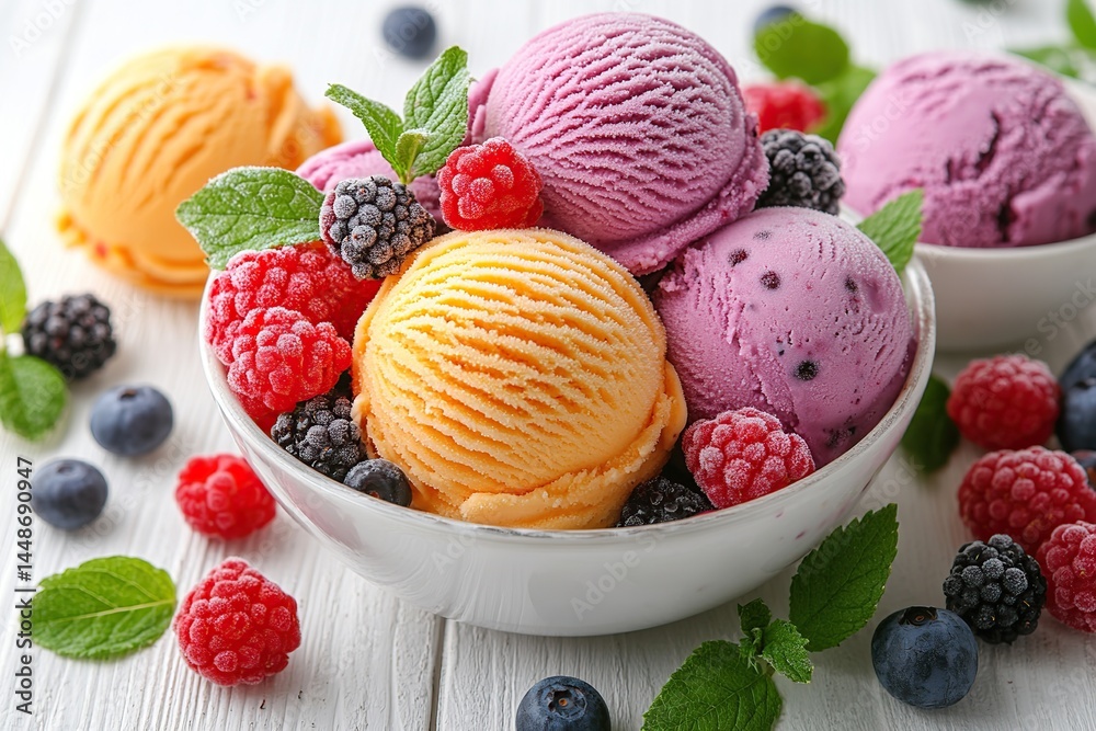 Vibrant scoops of colorful ice cream are served in a bowl, garnished with berries