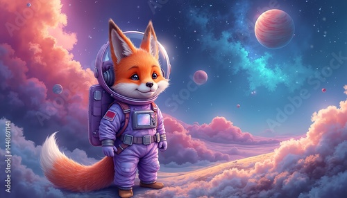 Illustration of an adorable orange fox dressed as an astronaut standing on a dreamy alien planet surrounded by colorful clouds and distant planets in the starry sky.