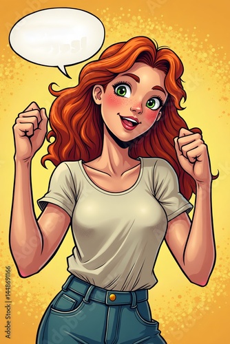 illustration of an enthusiastic girl with red hair, expressing joy and positivity. She has a cheerful facial expression with raised fists and an empty speech bubble