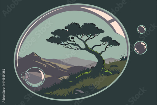 44 Glass sphere, miniature landscape, bonsai tree, rolling hills, mountain vista, reflective surface, water droplet, ecosystem in a bubble, crystal clear, hyper-realistic, macro photography, environme