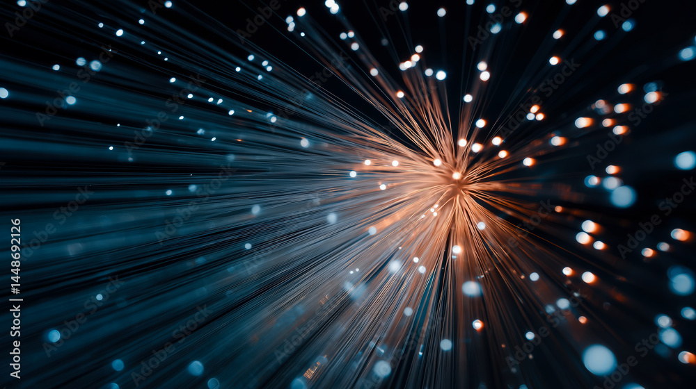 Fototapeta premium Radiating fiber optic cables emitting blue and orange glowing light in a dynamic high-tech burst
