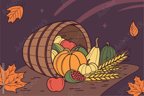 45 Vibrant autumn harvest, Cornucopia of fruits and vegetables, Dark moody background, Overhead view, Rich colors, Pumpkins and gourds, Seasonal produce, Fallen leaves, Rustic wooden surface, Dramatic