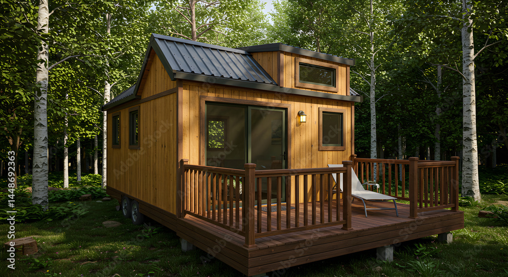 Fototapeta premium Idyllic Tiny Home Retreat Nestled Amongst the Forest Trees