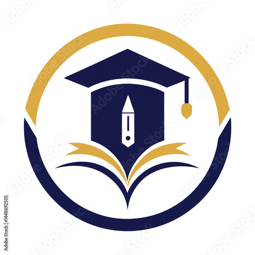 education graduation cap,golden yellow circle,navy blue text and icon,book with graduation cap on cover,clean modern vector graphic,minimalist style,elegant,professional,high quality
