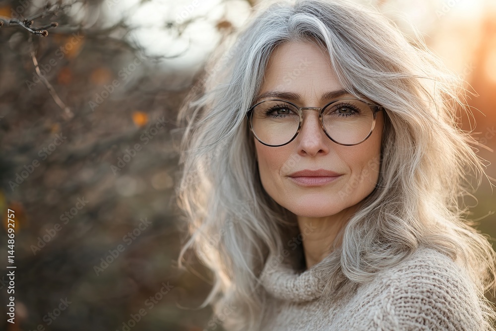 Middle-aged woman with gray hair enjoying nature in tranquil golden hour light