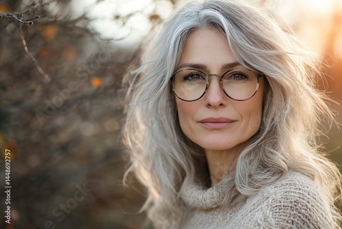 Obraz na płótnie Middle-aged woman with gray hair enjoying nature in tranquil golden hour light w salonie