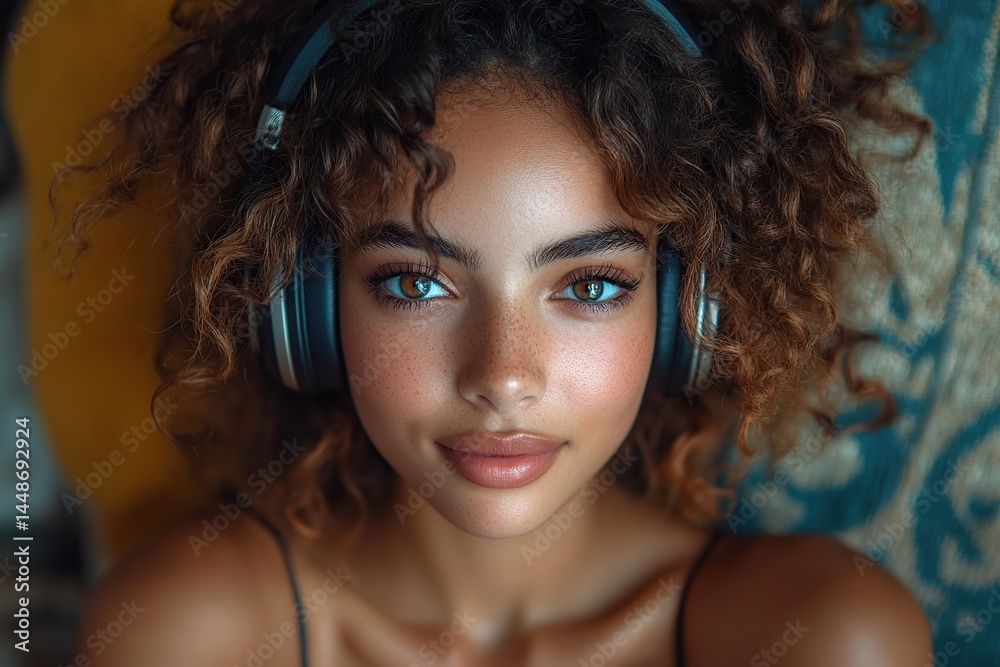 Young woman singing in microphone and recording voice and new song