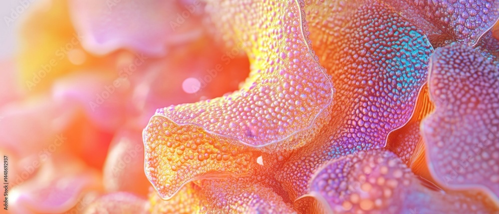 Abstract macro photography showcasing vibrant coral with iridescent texture and captivating light play artistic close up ocean life detail