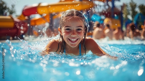 Joyful young girl swims with a happy smile, creating splash in blue pool at waterpark on sunny day, background water slide.