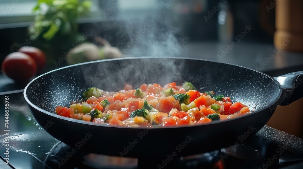 Sautéing diced tomatoes and broccoli in a speckled frying pan atop a stove burner with steam rising into the air. Sautéing diced tomatoes and broccoli in a speckled frying pan atop a stove burner with steam rising into the air.