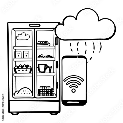 Refrigerator with digital display, cloud and energy icon vector. Smart refrigerator with inventory monitor logo