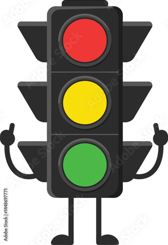 Traffic light with red yellow and green lights showing thumbs up gesture vector illustration with black body and arms