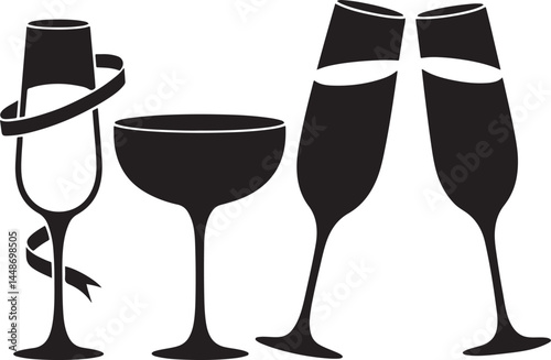 Champagne Glass silhouette set vector illustration isolated On Transparent Background