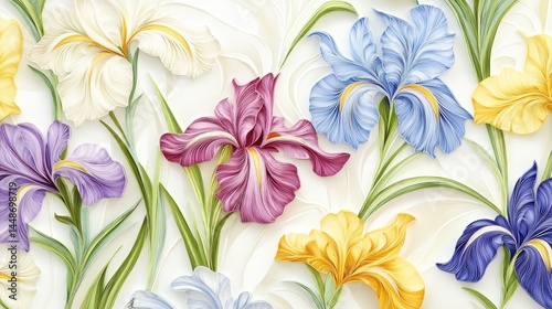 Ornate floral design of various irises in vibrant colors.