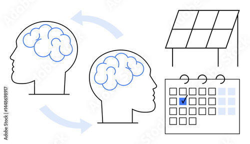 Two human heads with brains connected via arrows, solar panel, and marked calendar. Ideal for collaboration, renewable energy, time management, innovation, sustainability, strategic planning flat