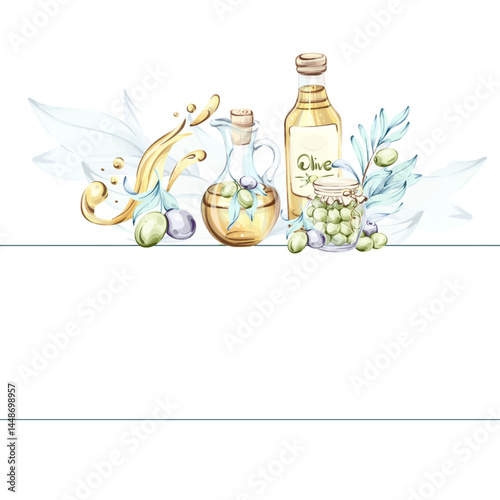 Discovering the beauty of olives and olive oil through watercolor illustrations inspired by Italian cuisine frame, border, arrangement