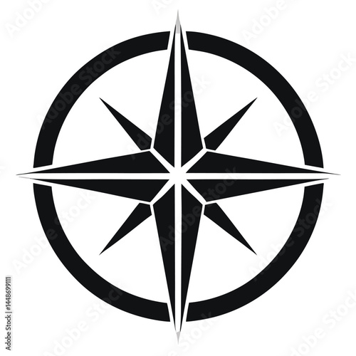 black and white design, compass rose, navigational symbol, geometric shape, sharp points, circular border, minimalist icon, nautical theme, symmetrical pattern, directional marker, graphic emblem,