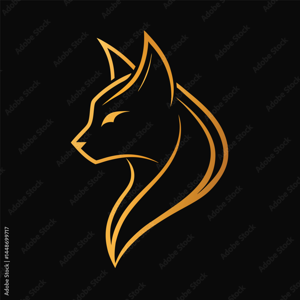 Fototapeta premium Minimalist fox logo, golden lines, sleek design, black background, profile view, stylized animal head, elegant curves, geometric shapes, negative space, modern branding, vector graphics, sharp angles,