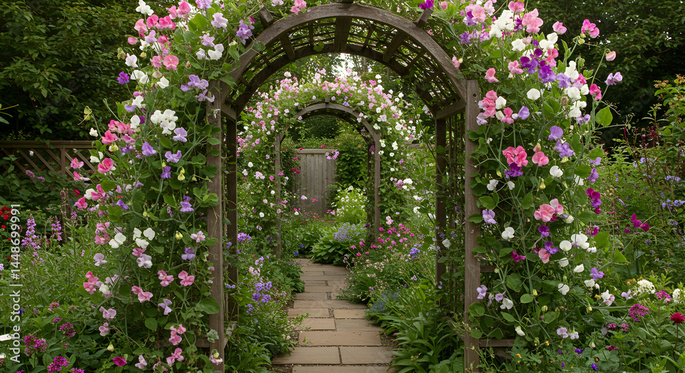 Fototapeta premium Floral Pathway Through Romantic Trellis Garden With Sweet Pea Flowers
