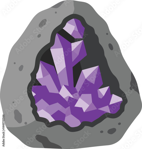 Purple amethyst crystal stone with gray rocky geode natural mineral vector illustration 