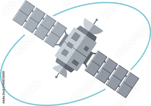 Satellite with solar panels orbiting in space technology vector illustration digital design 