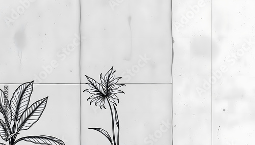concrete texture with tropical plants wallpaper, doodle art. with white shades