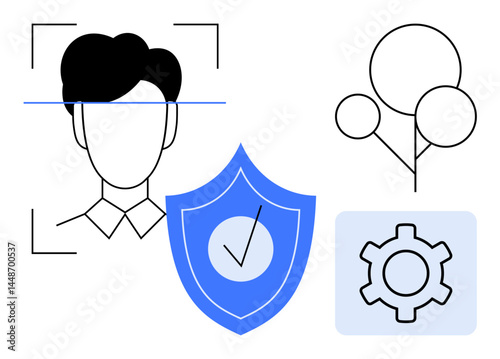 Facial recognition, verified security shield, settings gear, and network tree. Ideal for cybersecurity, tech services, data privacy, identity management, software AI solutions simple landing page