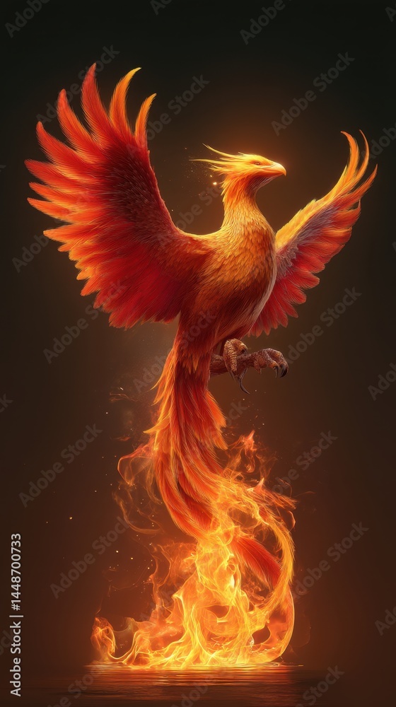 Fototapeta premium Majestic phoenix rising in fiery glory vibrant orange feathers against a dark backdrop symbol of rebirth hope and transformation captured in stunning detail