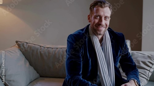 Stylish Man in Blue Velvet Suit Sitting on Modern Sofa