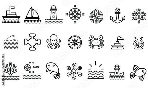 Nautical and Marine Line Icons Set, Outline Vector Icons of Sea Life, Marine Symbols, and Nautical Elements On Thin Liner Illustration
