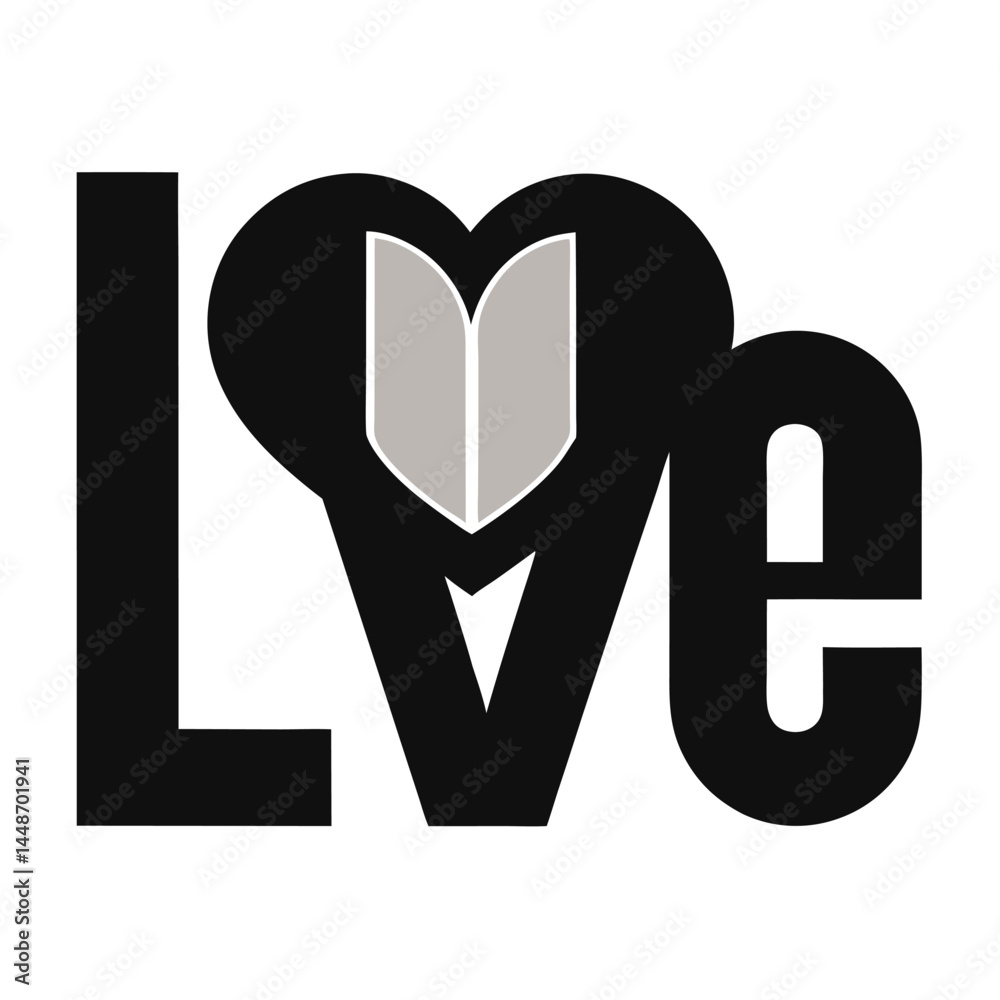 Fototapeta premium Typographic love design, heart-shaped book pages, black and white contrast, minimalist graphic art, bold letters, symbolic representation, vector illustration style, clean lines, conceptual book lover